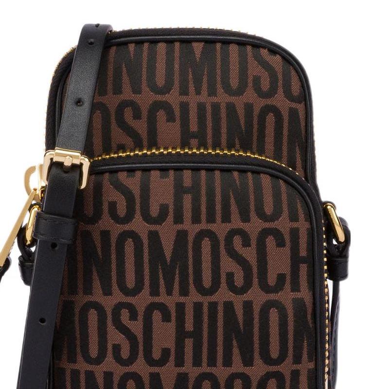 Moschino Gold Logo All Over Print Zipper Pocket Cotton Polyester Shoulder Crossbody Phone Bag Men bags Brown Black A81018268-1103