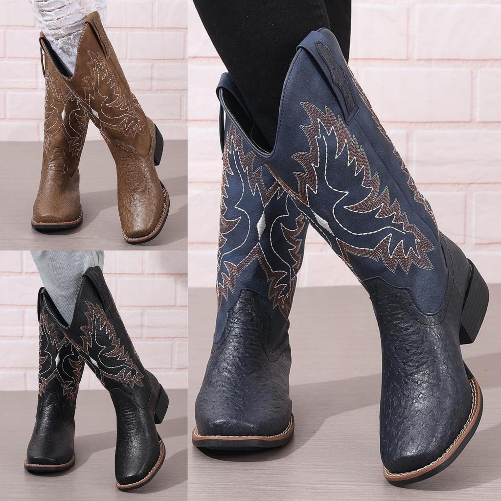 Western Cowboystiefel für Damen Mid-Calf-Stiefel Spitzzehe Blockabsatz