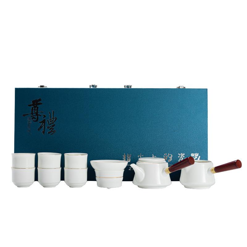 Light luxury suet jade white porcelain kung fu tea set, household gold-painted high-end < unk > pot tea cup gift box hardcover