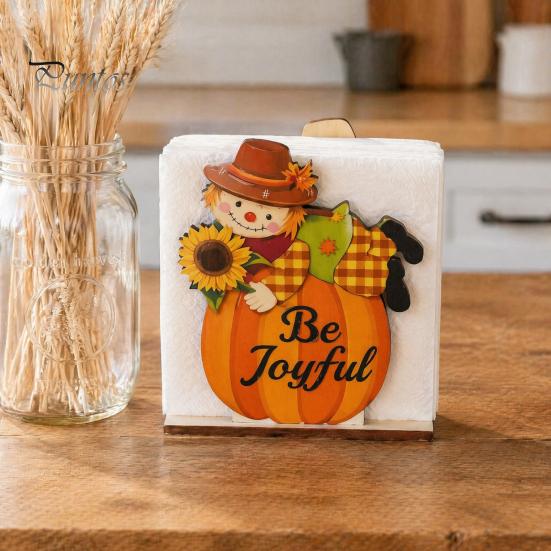 Stable Vertical Paper Towel Stand Thanksgiving Solid Wood Napkin Holder, Fall Harvest Gnome Scarecrow Turkey Tissue Autumn Kitchen Countertop