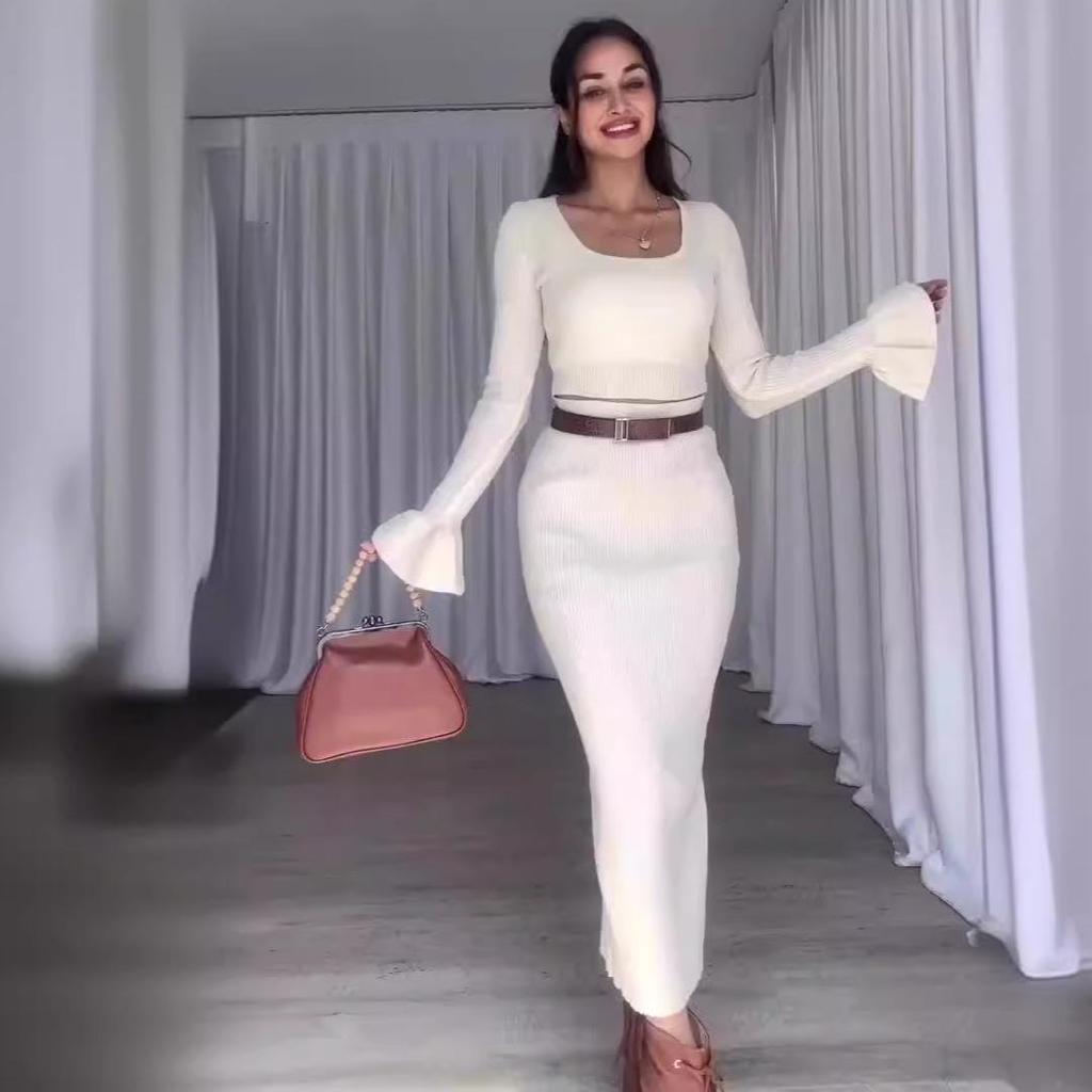 Autumn 2024 European & American Solid Color U-Neck Crop Top & High Waist Midi Skirt Set