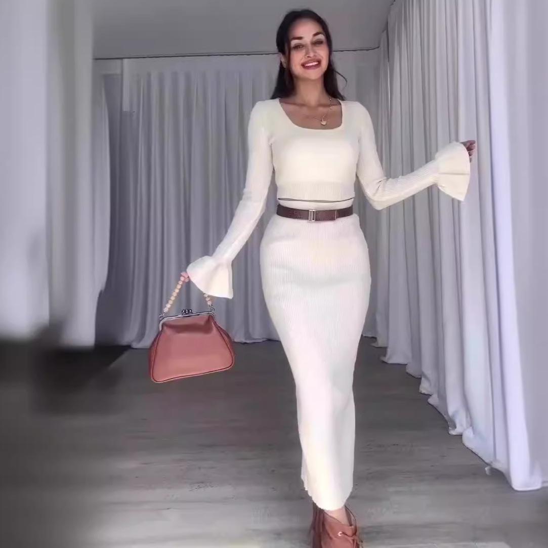 

Осень 2024 Европейский и американский однотонный кроп-топ с U-образным вырезом и миди-юбка с высокой талией L белый