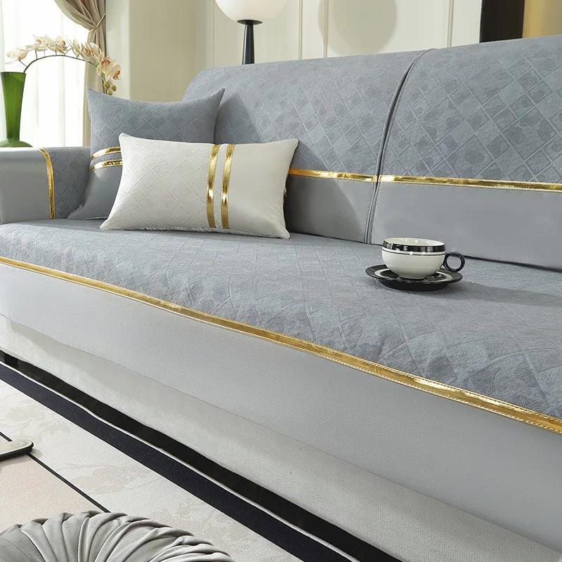 1pc Solid Color Sofa Cover Cotton Linen Four Season Anti-Slip With Gold Lines Decor, Couch Seat Cover Blanket Modern Living Room