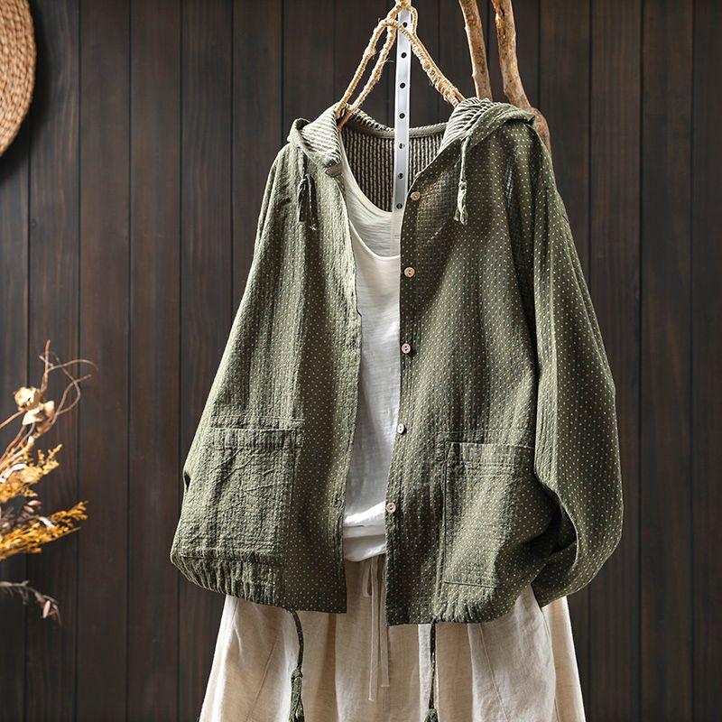 

Женская короткая куртка из чистого хлопка Осень 2025 Новое поступление Повседневная Легко сочетается Антивозрастная С длинными рукавами С капюшоном Топ-рубашка в горошек Green Wave point(81513) One size