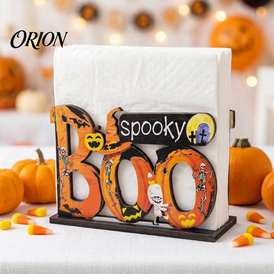 BOO Letter Storage Ornament Halloween Wooden Napkin Holder, Cute Pastel Pumpkin Ghost Black Cat Tabletop Tissue Dispenser, Waterproof Desktop