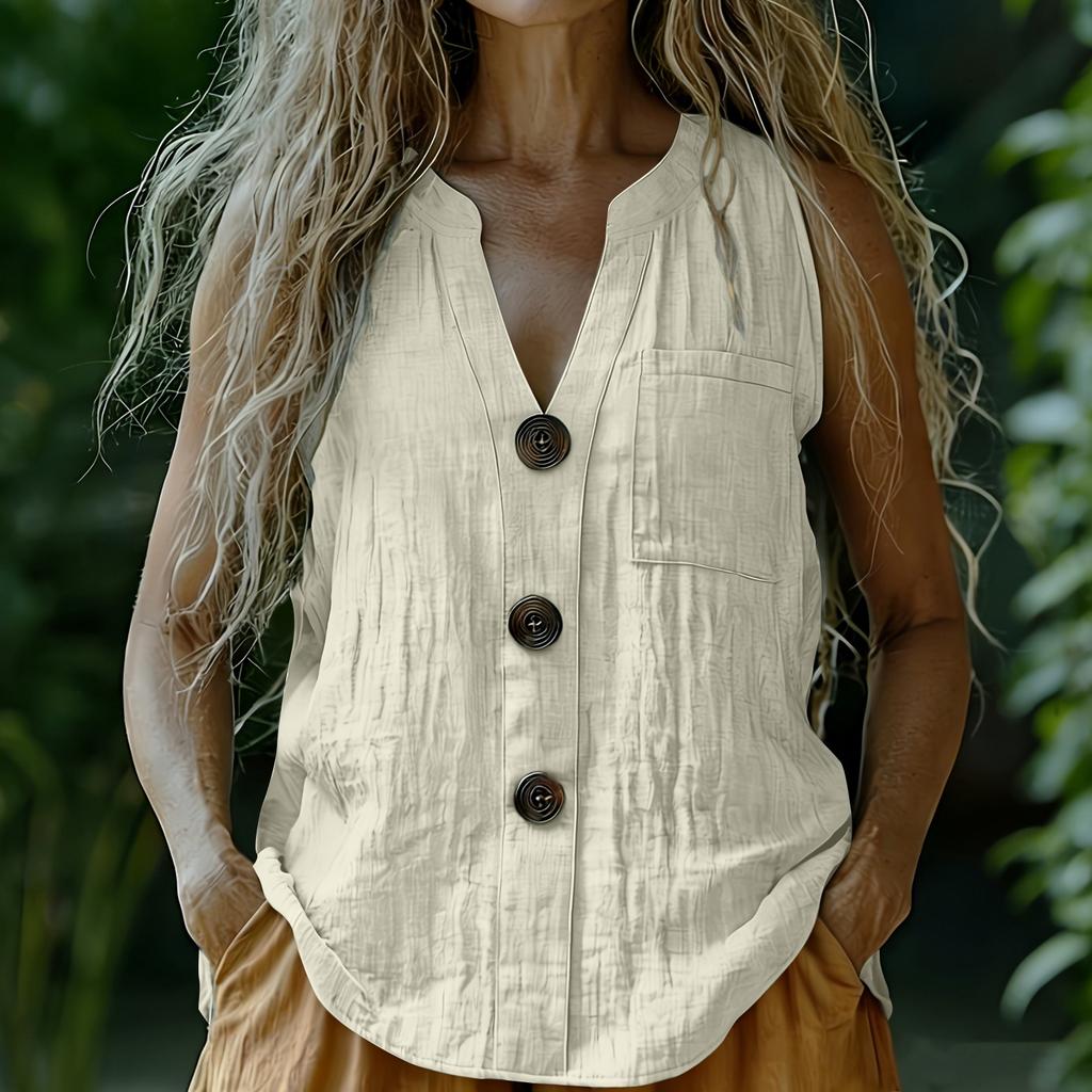 Sleeveless V Neck Button Front Casual Top Linen Cotton Blend Summer Shirt Lightweight Breathable Fabric Comfortable Fit