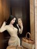 Elegant V-Neck Long-Sleeve Pleated Dress - Slim-Fit, Waist-Cinching Mid-Length Skirt for Women