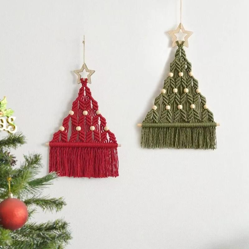 ZDQ Aesthetic Woven Christmas Tree Macrame Tapestry Wall Hanging Pendant with Decorative Tassel Cotton Rope for Apartment Decor