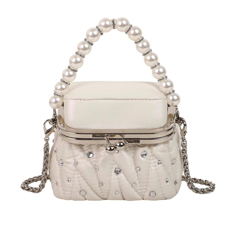 

Bag women s bag 2025 autumn new Korean version fashion pleated shoulder bag pearl portable mini square bag бежевий