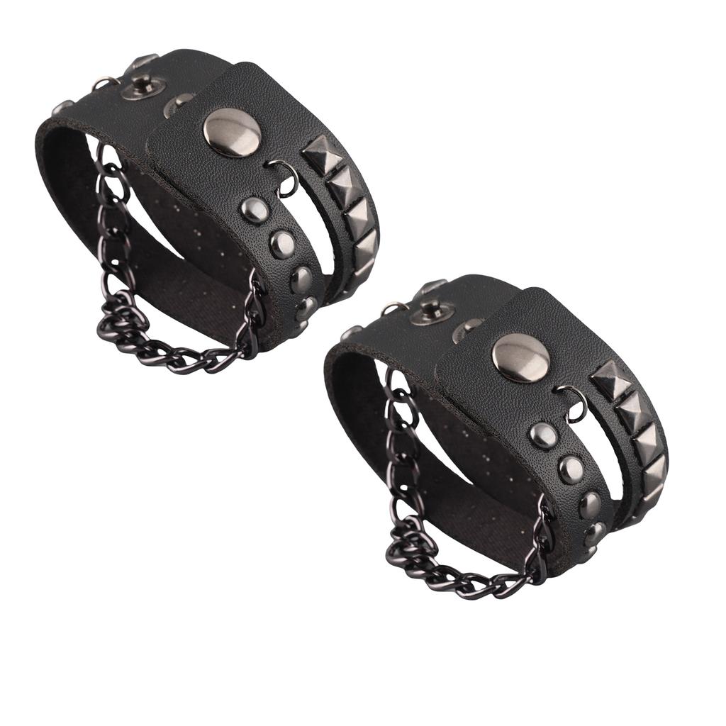 2Pcs Punk Wristband Vintage Multi‑Layer Rivet Motorcycle Faux Leather Cuff Bracelets