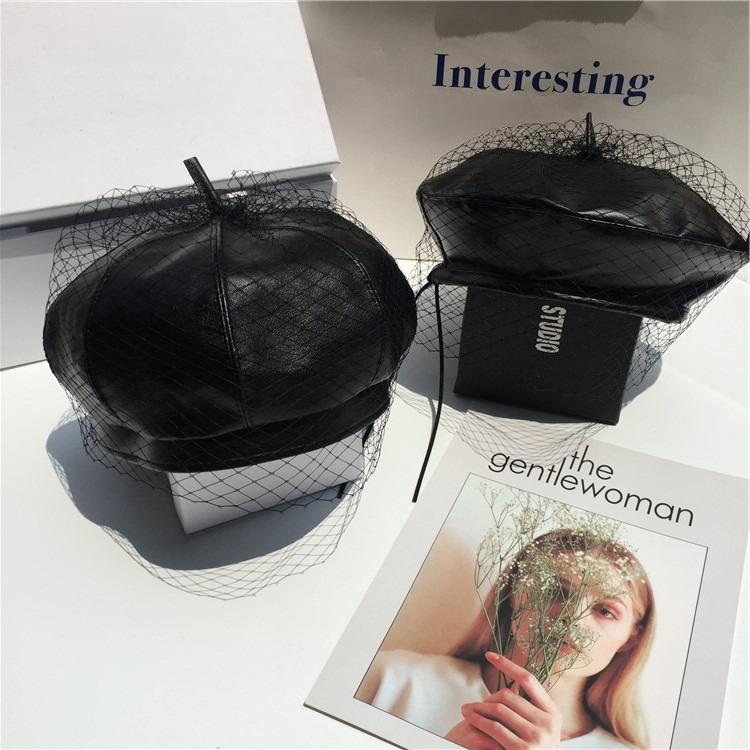Stylish PU Leather Beret Retro Mesh Black Beret Trendy Painter Hat Popular Pumpkin Hat
