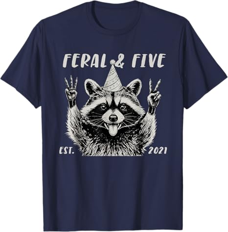 Funny Feral and Five Raccoon 5th Birthday Girls Boys TShirt Y2k 5 Years Old Cute Raccoon Graphic Saying Tee Sons Novelty Gift