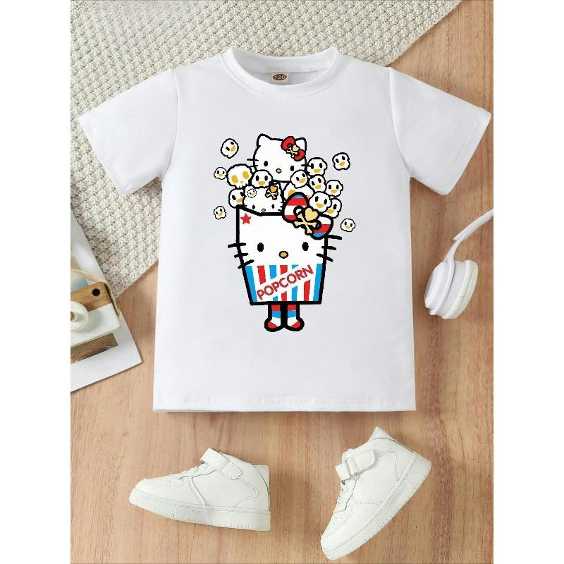 European Sizes Popcorn Bucket Print Girls' T-Shirt, Comfortable Casual Round Neck Short Sleeve Top, Summer Fashion