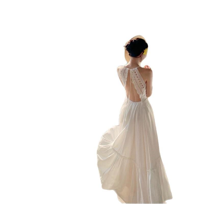 French white moonlight pendulum long dress summer seaside vacation collar suspender skirt super fairy