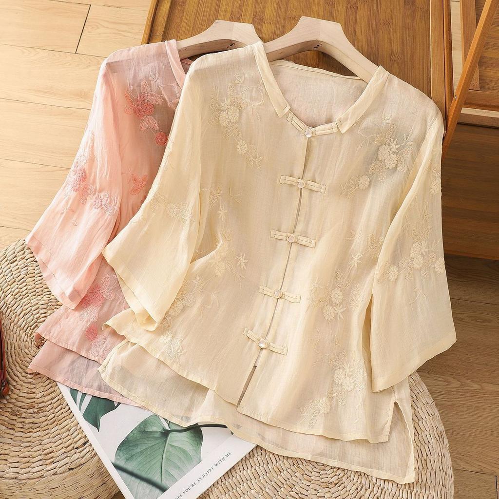 Retro Button Cotton and Linen Shirt Women's Summer New Temperament Embroidered Cotton and Linen Top Medium Sleeve Tea Clothes Shirt