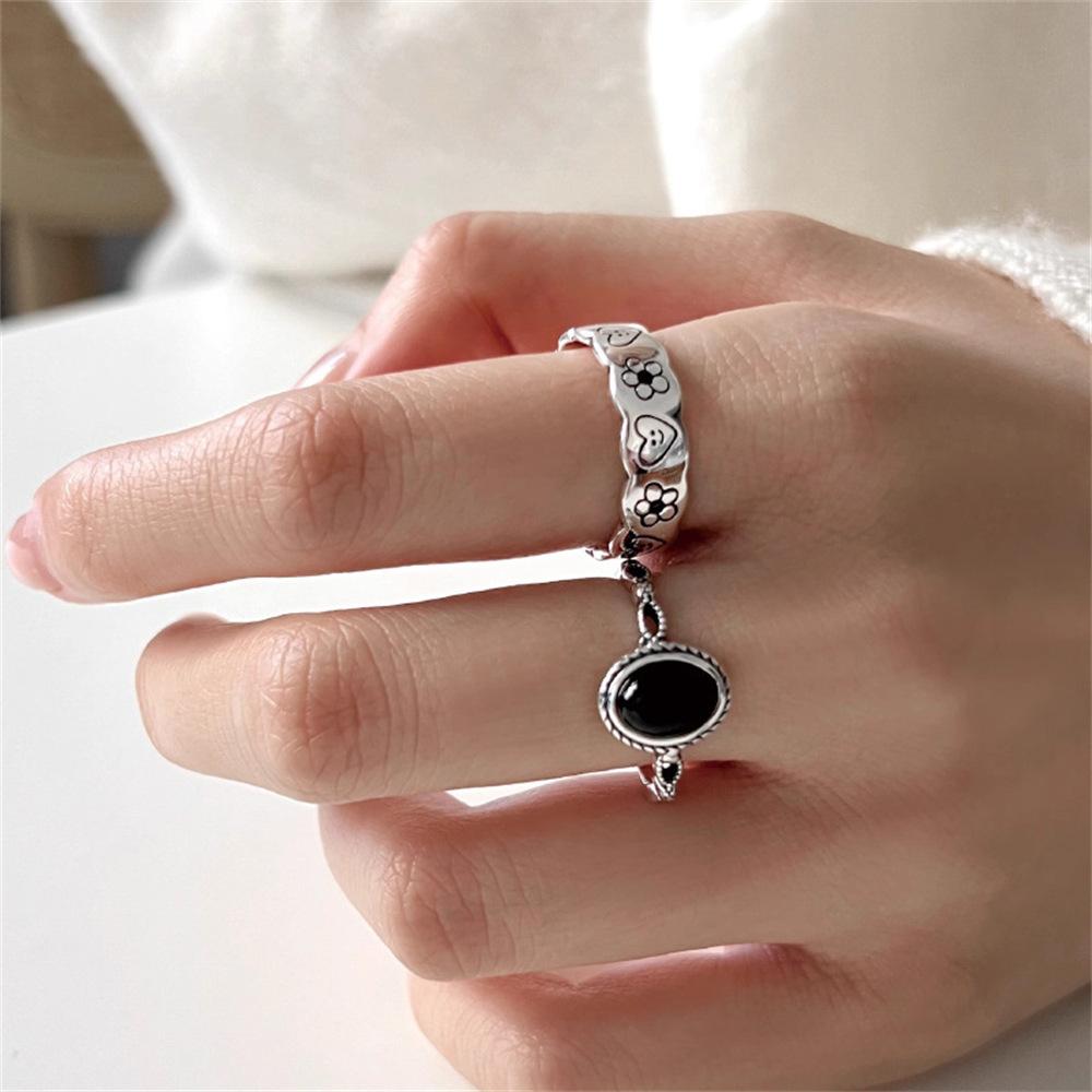 Oval black agate ring, old fashion ring, personalized Korean version ins niche design sense index finger ring