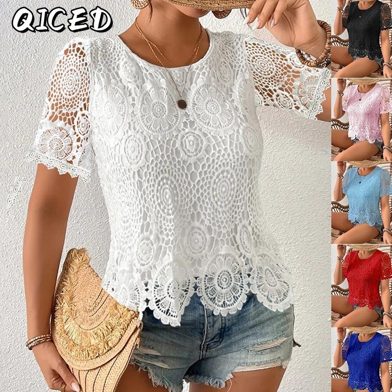 QICED Women's Fashion Casual Solid Color Print O-Neck Short Sleeve Blouses & Shirts