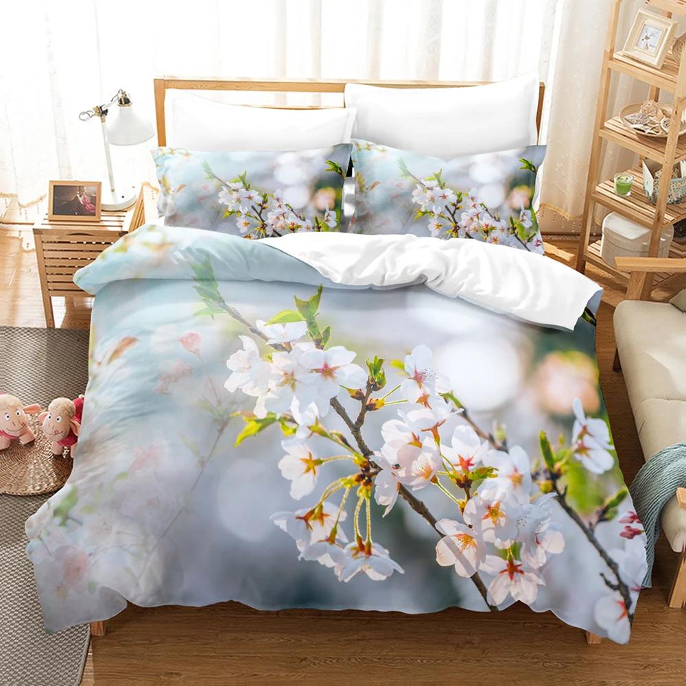 Pale Pink Duvet Cover Set Sakura Branch With Cherry Flowers Tender Japanese Spring Decorative Bedding Set King Size Green