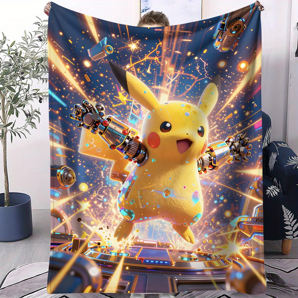 Pokemon Burst Glow PikachuAsh Print Flannel Throw Blanket for Adult Quality Cozy Soft Warm Blanket for Travel Office Home