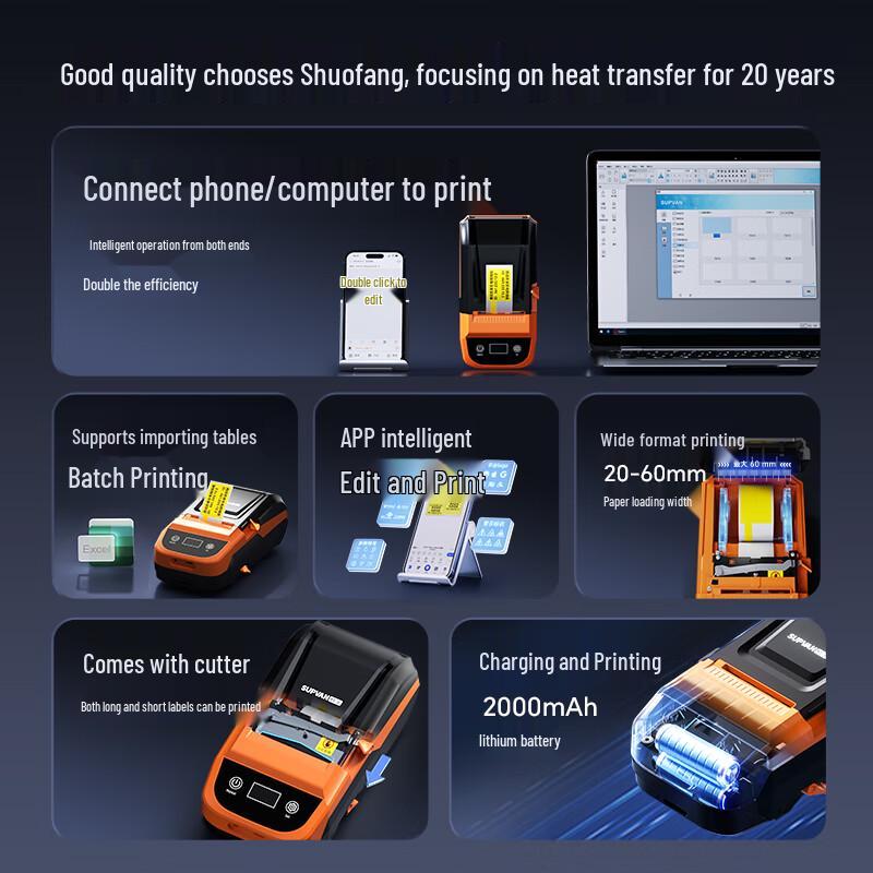 Supvan MP50 Upgraded Portable Thermal Transfer Cable Label Printer CN Plug (adapter Included)