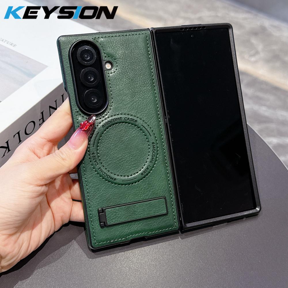 KEYSION Luxus PU Leder Magnetische Hülle für MagSafe für Samsung Galaxy Z Fold 7 5G Ständer Kabelloses Laden Handy Rückseite