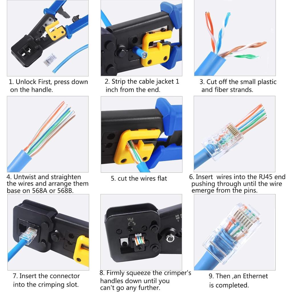 RJ45 Crimping Tool Ethernet Crimper for Cat6 Cat5 Cat5e RJ45 Pass Through Connectors and RJ12 Ends Comes with 20PCS RJ45 Cat6 Connectors