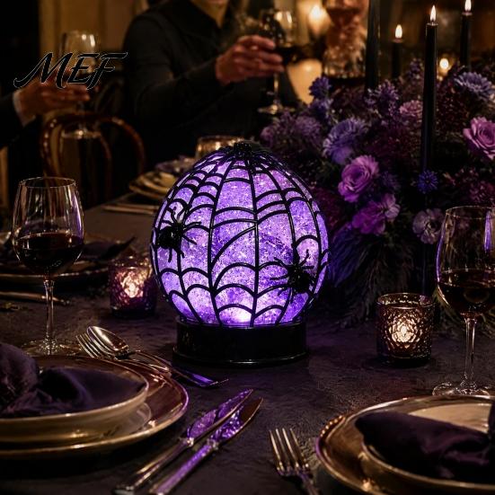 LED Glitter Sphere Lamp Halloween Ghost Ball Lamp, Glowing Spiderweb Faux Crystal Light, Night Purple Glow Spider for Holiday Party Table Decoration