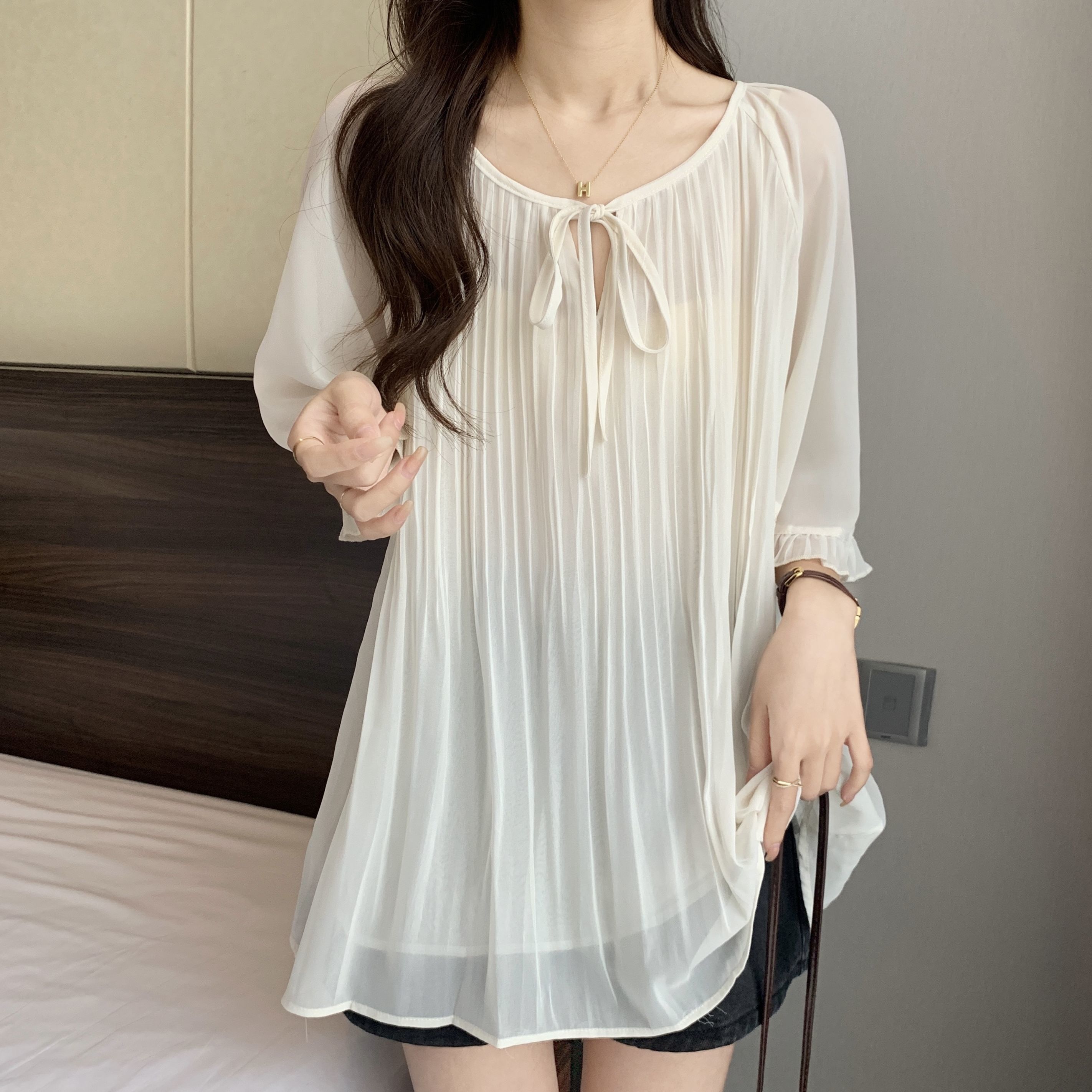

Plus Size Summer French Style Midi Shirt Women s Fashion Slimming Short Sleeve Chiffon Top round Neck Fly Sleeve Urban Style S бежевий
