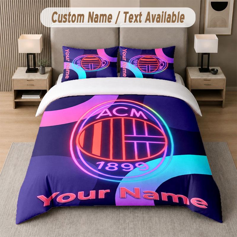 Set Biancheria da Letto Personalizzato Motivo AC Milan, Stampa Nome Testo 1 Copripiumino più 2 Federe Tessile per la Casa
