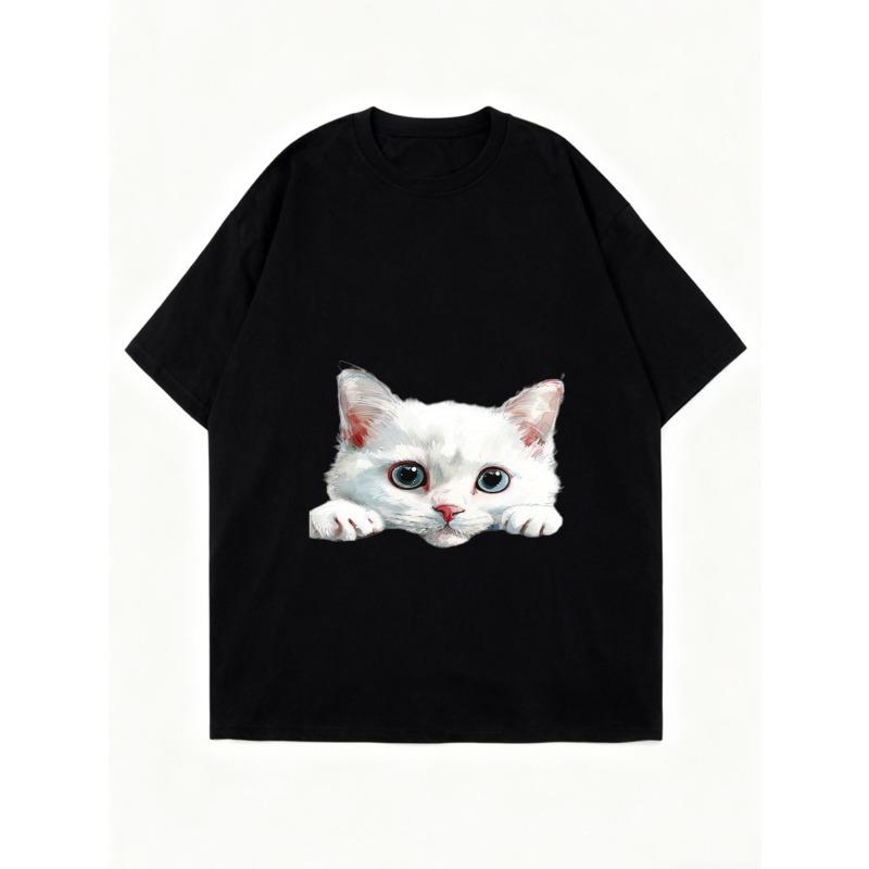 Oversize Women's Short-Sleeve T-Shirt with Cute 3D White Cat Head Print