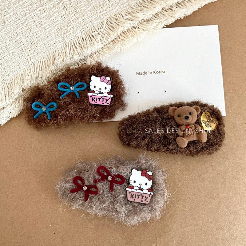 Gold Label Lambswool Teddy Bear Bow Hair Clip - Cute High-End Plush Headwear.