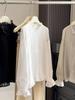 Elegant French Wood Ear Trim Round Neck Long Sleeve Womens Lace Top with Hollow Lantern Sleeves - Spring 2026