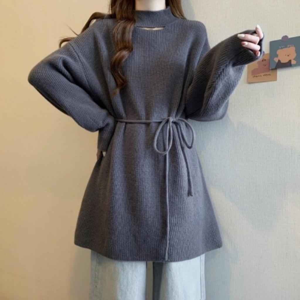 Plus Size Women's High Neck Knit Dress: Waist-Cinching Slimming Base Layer for Autumn/Winter