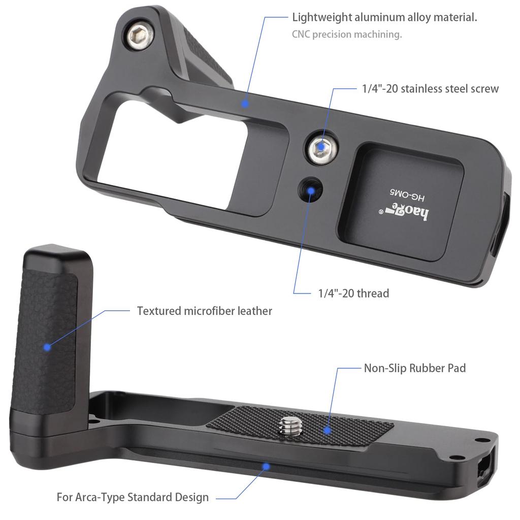 Haoge HG-OM5 Camera Bracket Holder Hand Grip for OM System OM-5, Compatible with Arca Swiss Kirk RRS Benro Quick Release Plates