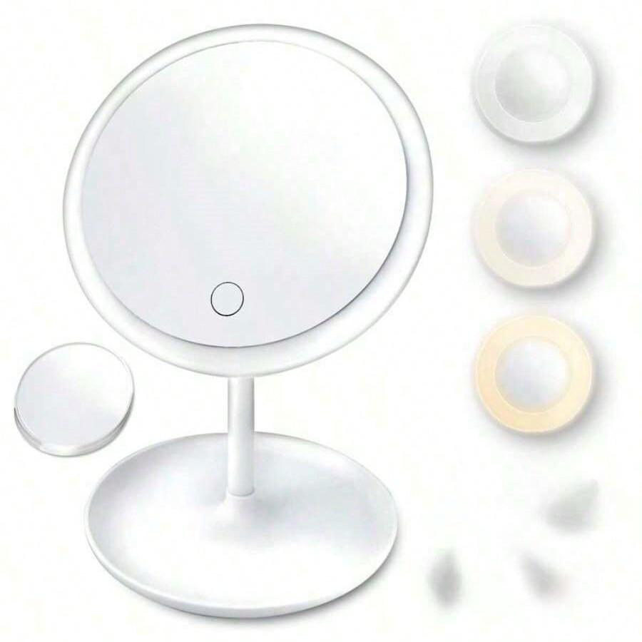 LED Makeup Mirror With Adjustable Dimming Rotating Storage USB Vanity Mirror Light Up Your Beauty Routine
