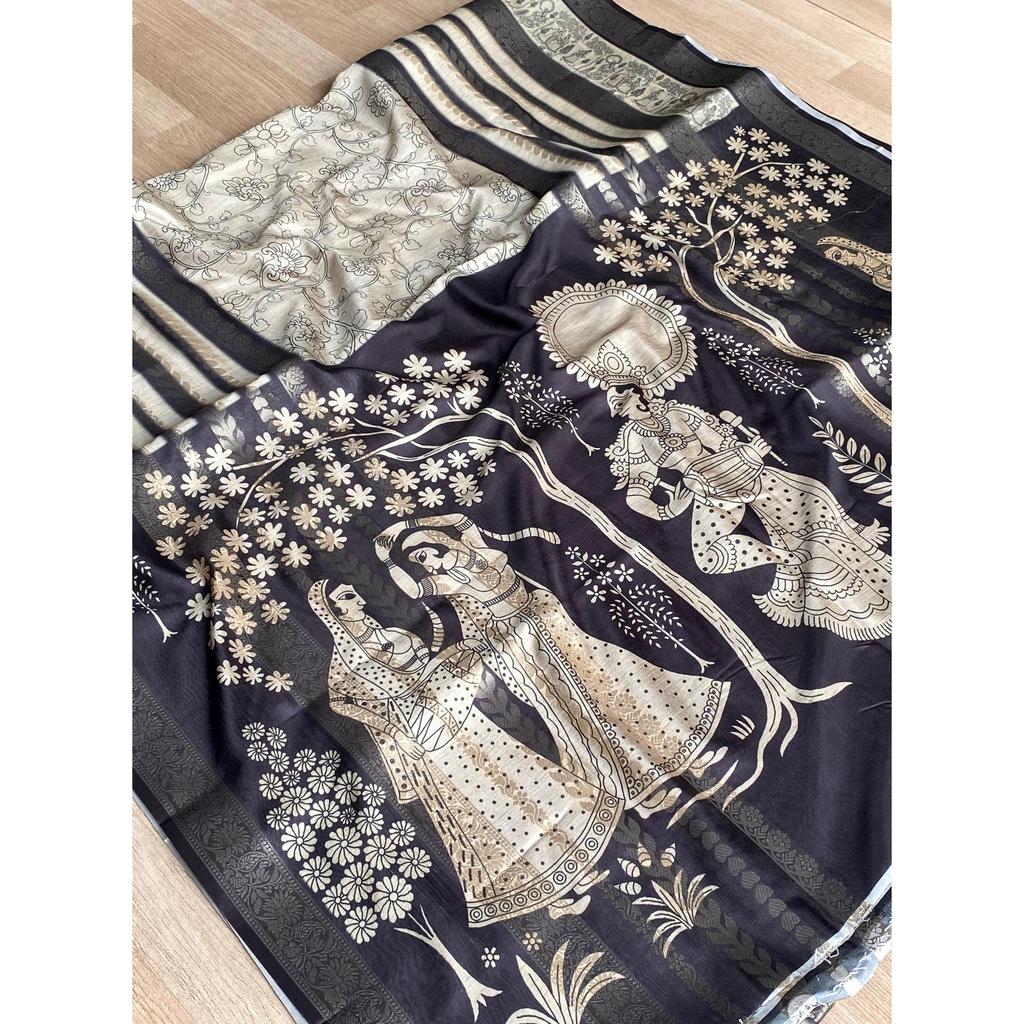 Premium Dola  Saree with Jacquard Weaving Border All Over the Saree On Either Sides with Printed Pallu.