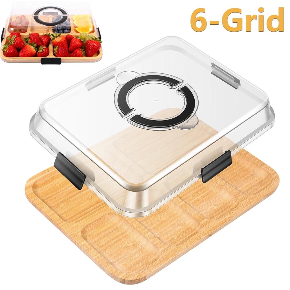 6-Grid Meat Fruit Serving Tray Bamboo Charcuterie Plate with Transparent Lid Divided Food Tray Kitchen Accessories for Camping