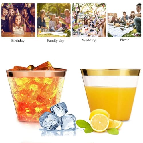 CUTEECO Golden Plastic Cups, 9oz Disposable Cups, Plastic Wine Glasses, Party Cups, Clear Plastic Cups for Parties