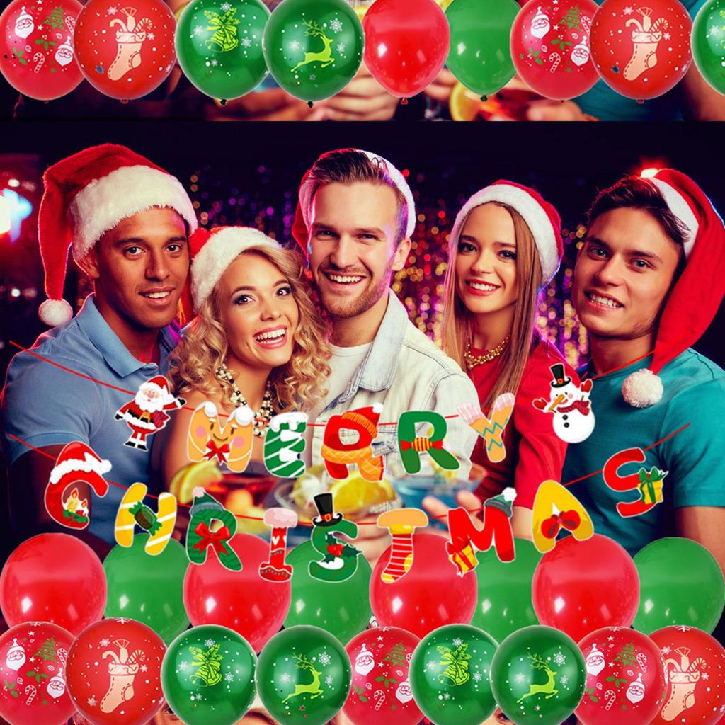T02C!Christmas Balloon Set Christmas Banner Hanging Flag New Year Holiday Background Wall Decoration Balloon