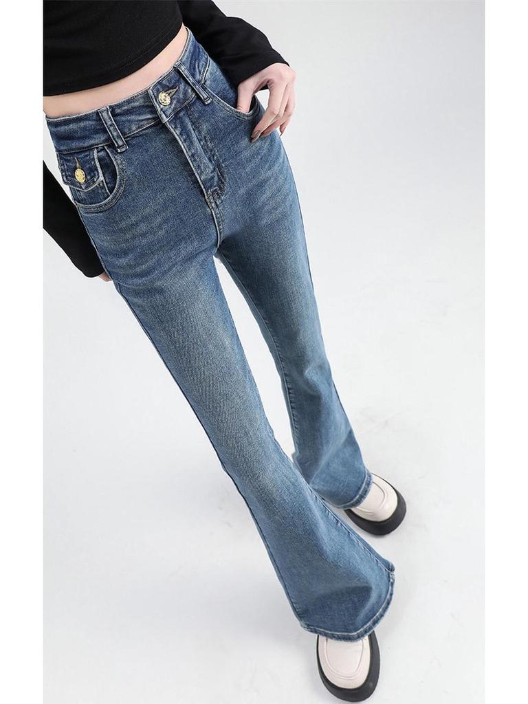 High-Waisted Slim Fit Micro Flare Blue Jeans: Fashionable Casual Style for Tall Women's Autumn/Winter Wardrobe.