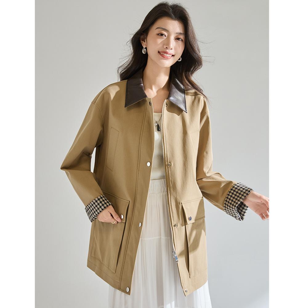 26 Spring and Summer New Retro Temperament Trench Coat Barn Style Contrasting Color PU Leather Lapel Plaid Splicing Jacket 29074