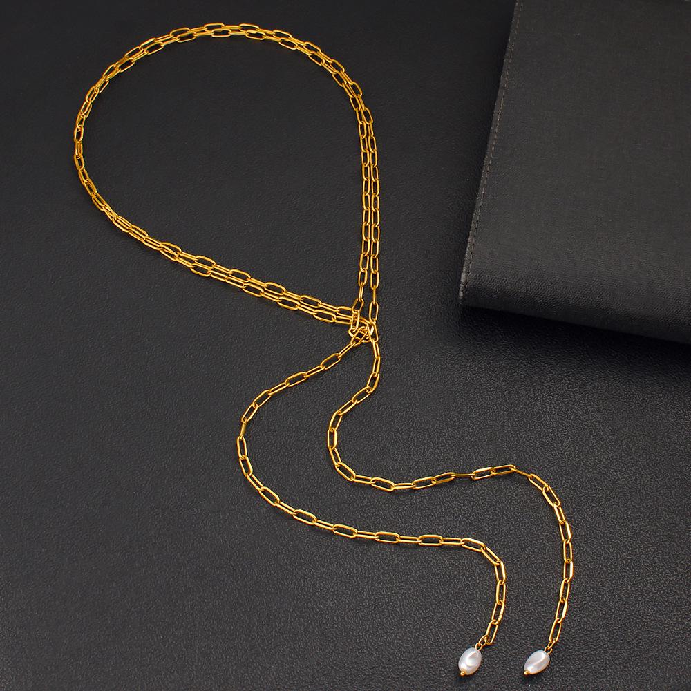 Titanium Steel 18K Gold Double Layer Necklace with Cross, Honeycomb, and Pearl Pendants