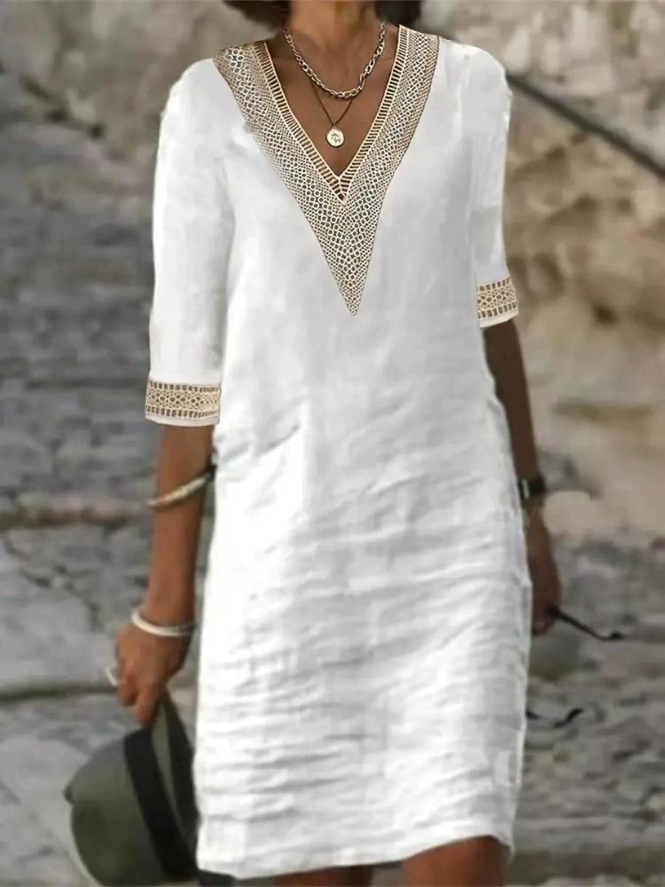 Solid Color V-neck Mid Sleeve Cotton Linen Casual Dress