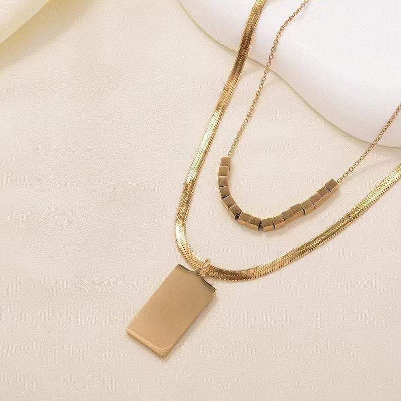 Titanium Steel Double-Layer Stacked Wearing Square Necklace Women'S Design High-End Versatile Autumn And Winter Sweater Chain Jewelry