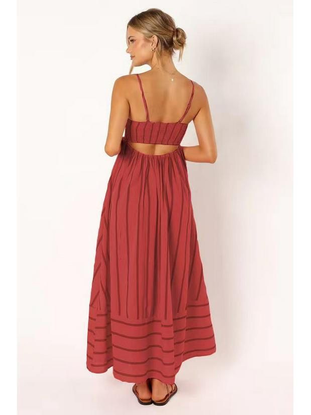 Spring/Summer 2024 Striped Off-Shoulder Wide-Hem Camisole Dress - Fresh Casual Vacation Style