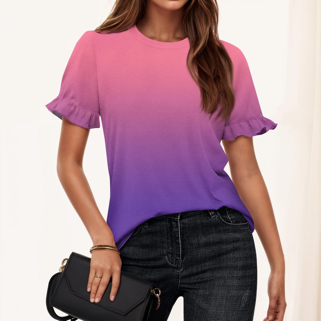 Ladies Summer Print Short Sleeve Ruffle Round Neck T-Shirt
