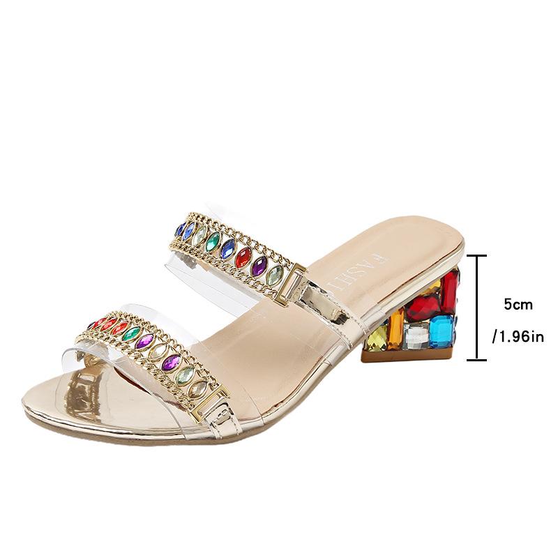 Spring and summer new one-word thick heel cool slippers women's medium heel rhinestone buckle women's open-toed sandals