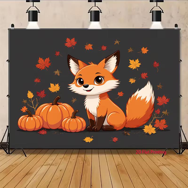 2D Fall Themed Backdrop 2D Cute Fox with Pumpkins Background for Thanksgiving Event Decoration