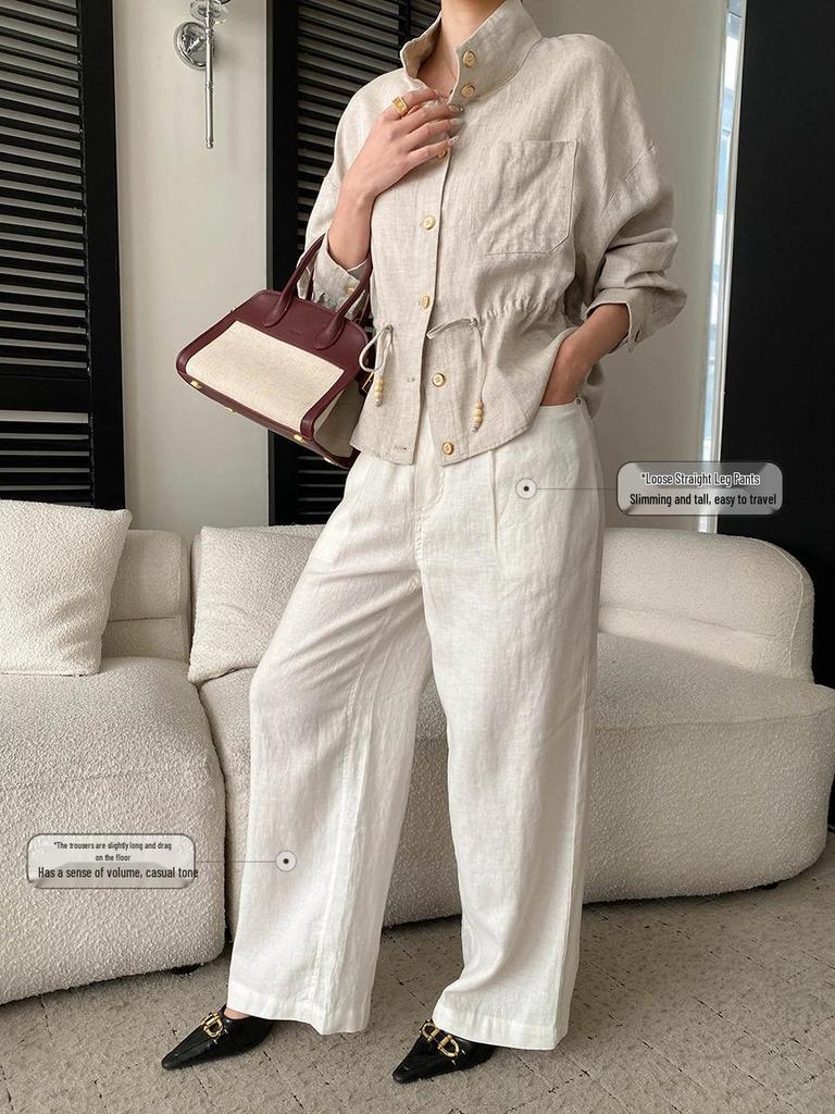 Sinan Tencel Linen Drawstring Wide-Leg Floor-Length Casual Pants SN8668