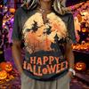 Women's Short Sleeve Henley Shirt Cotton Linen Blend Casual Buttoned Neck Top with Halloween Inspired Pattern and Relaxed Fit